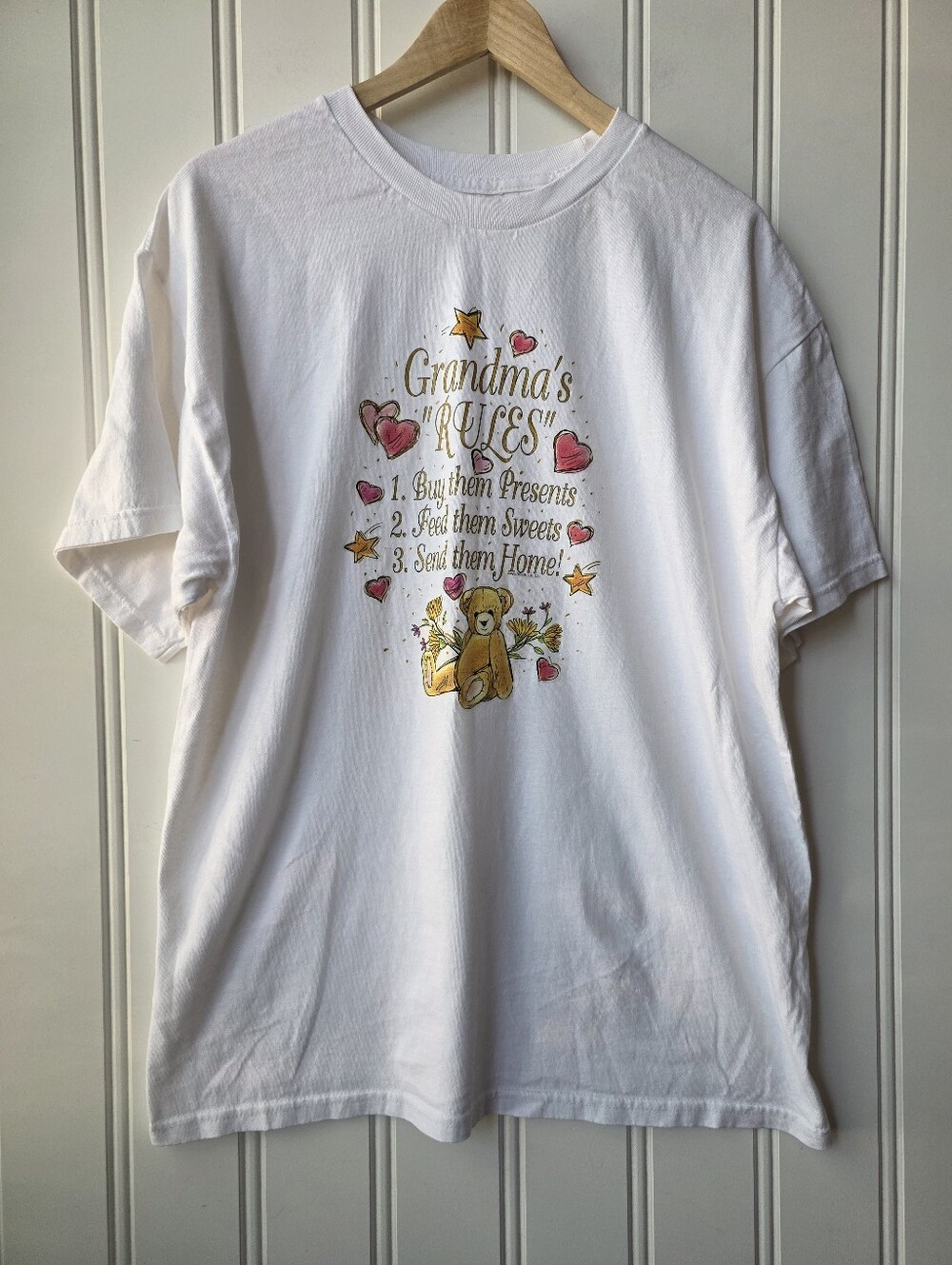 Grandma's Rules Teddy Bear Heart Graphic Short Sleeve Shirt White